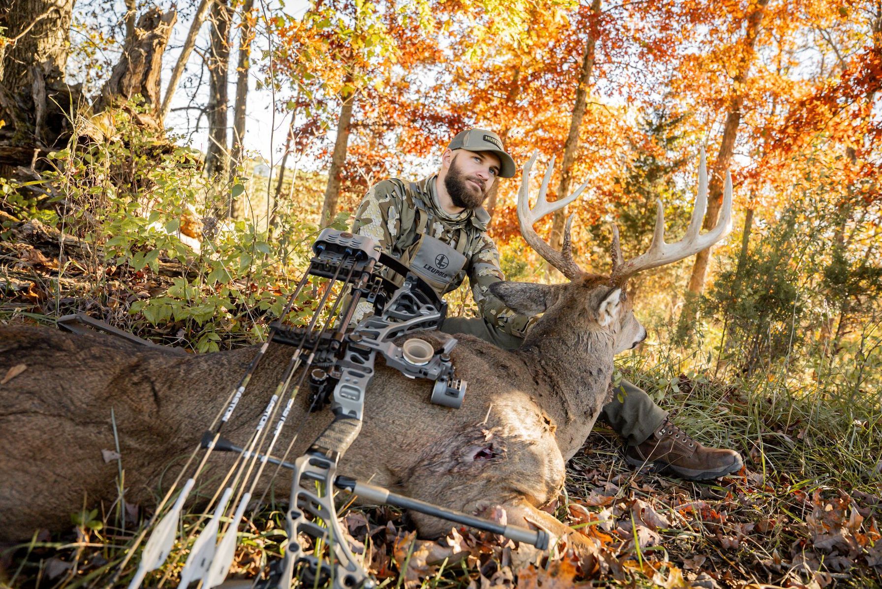 Hunter with bow and buck deer after hunt, compound vs recurve bow concept. 