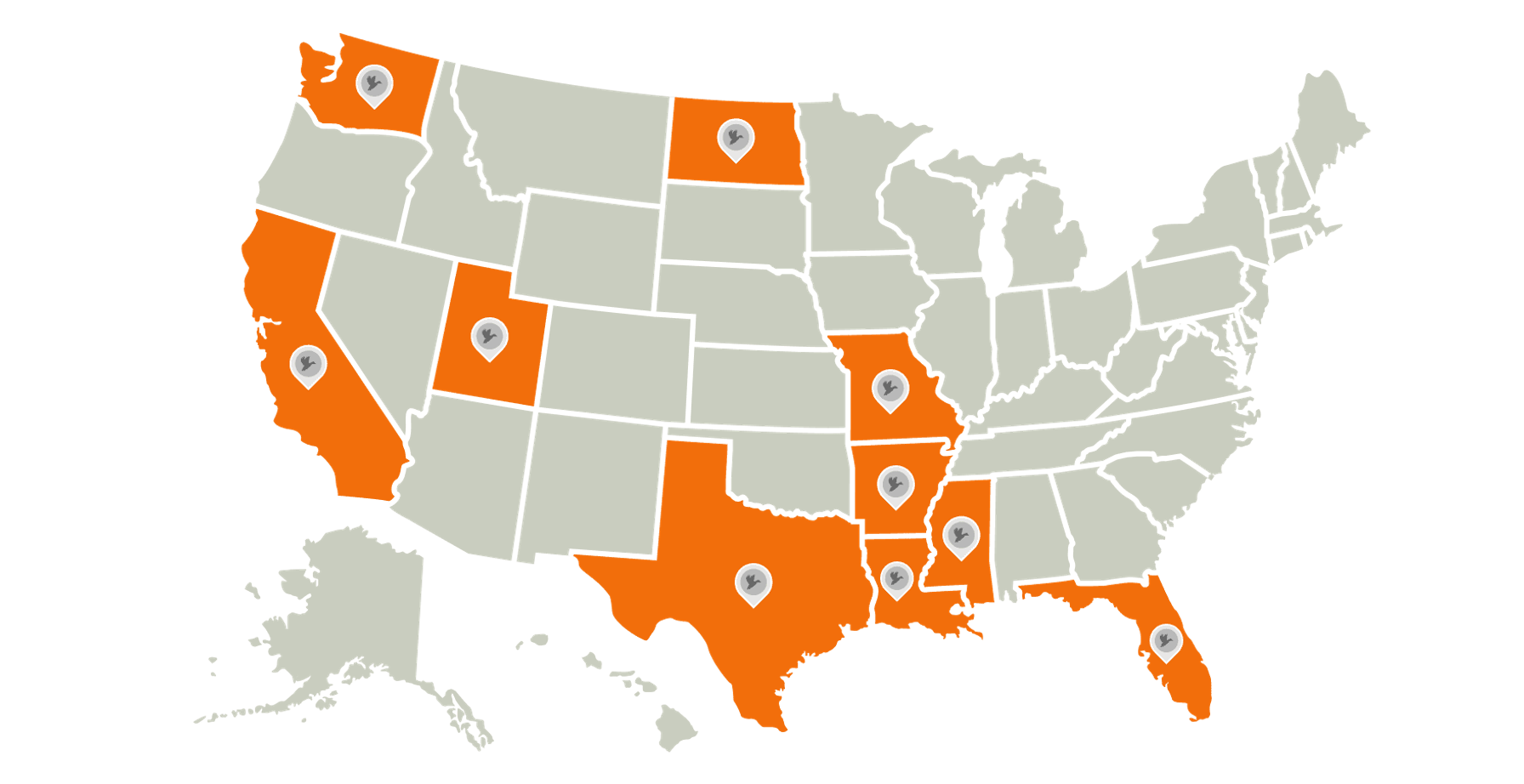 Map of the U.S. highting the best states for duck hunting.