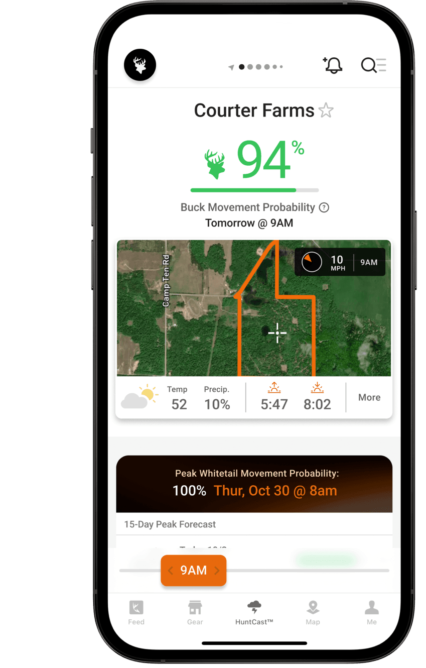 Image of the HuntWise app on a phone screen, marking deer feeding times and movement concept.