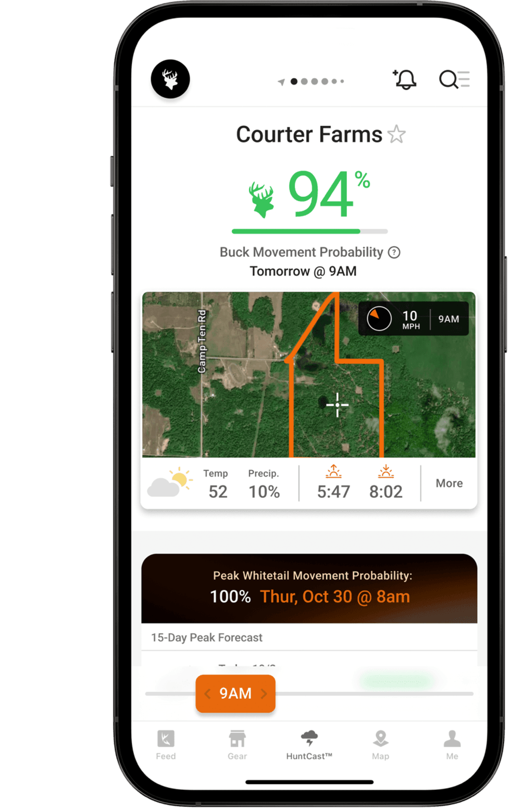 Image of the HuntWise app on a phone screen, marking deer feeding times and movement concept.
