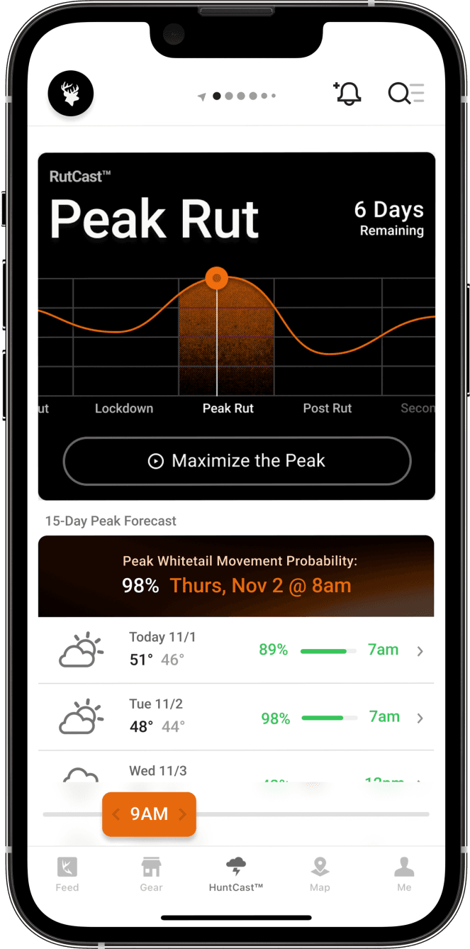 Illustration of phone screen showing RutCast Peak Rut.