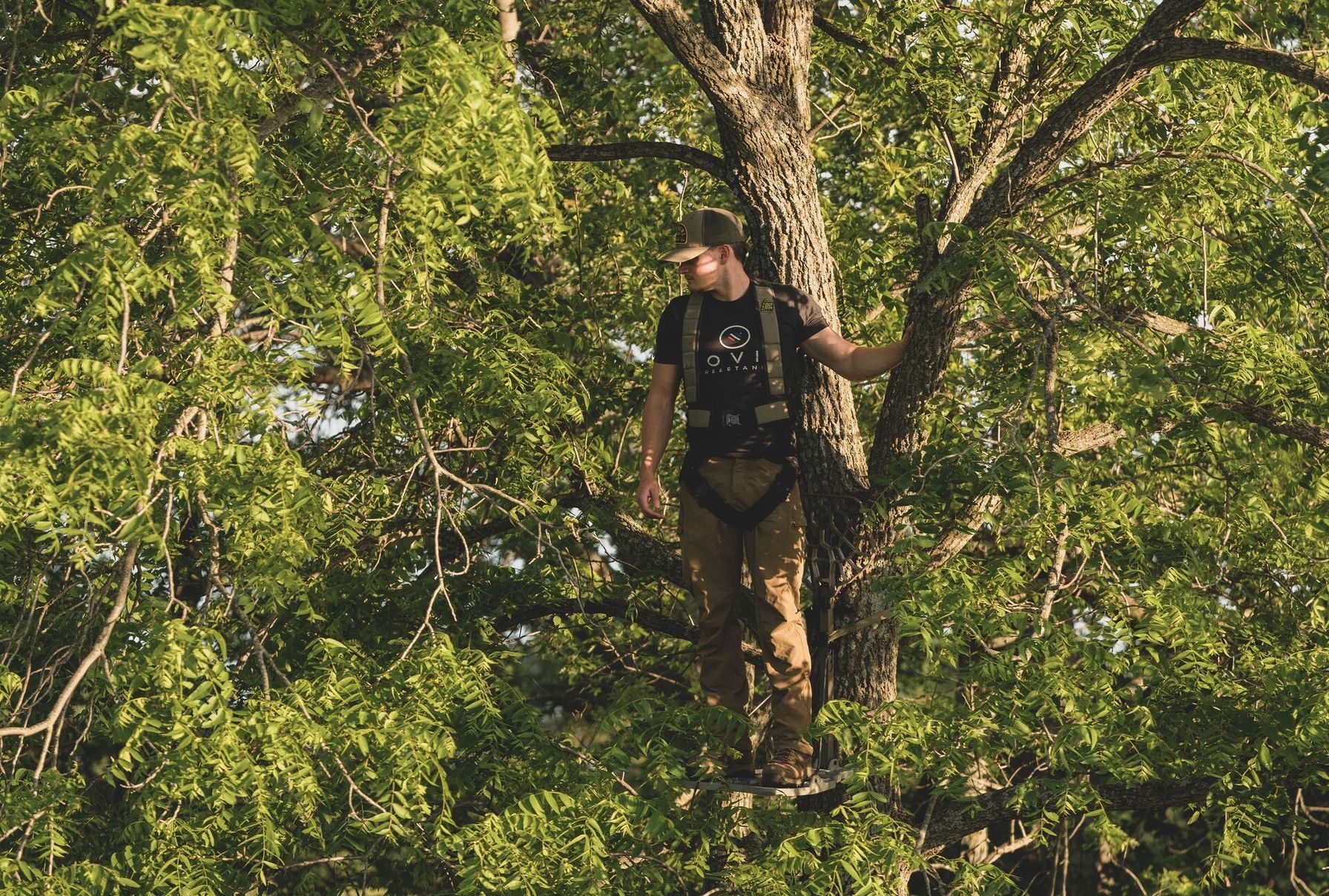 A hunter in a tree stand, hang on treestand vs climber concept.