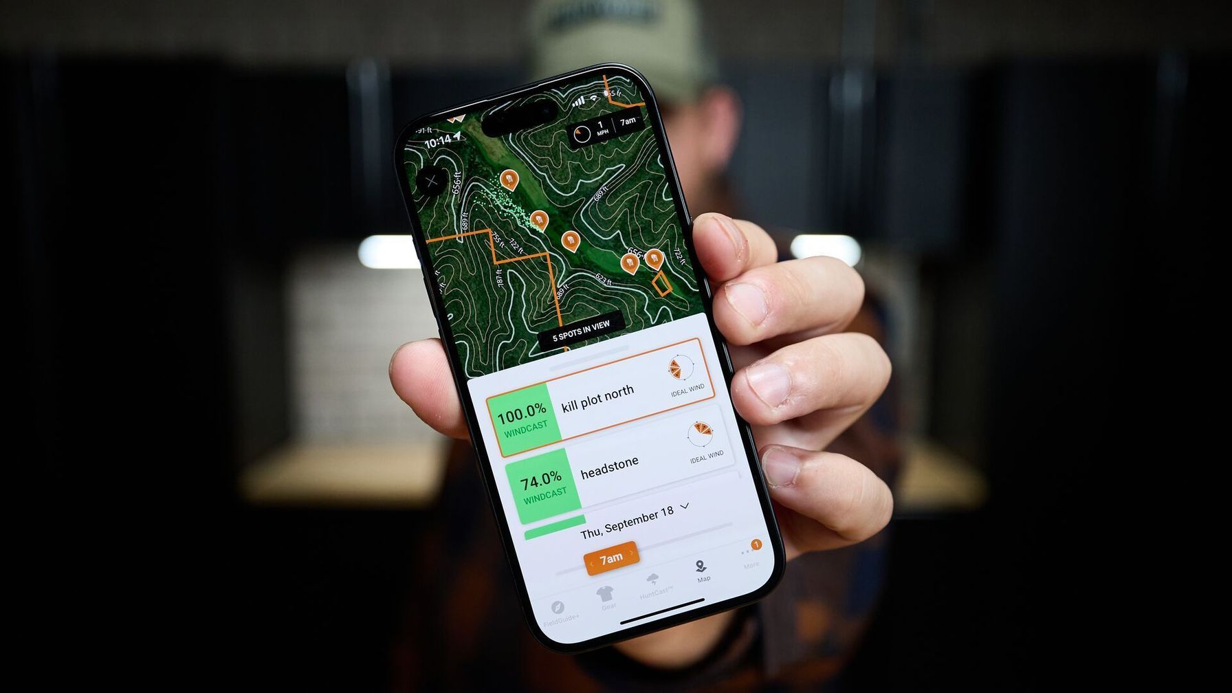Closeup of WindCast on phone screen, Windcast hunting app concept.