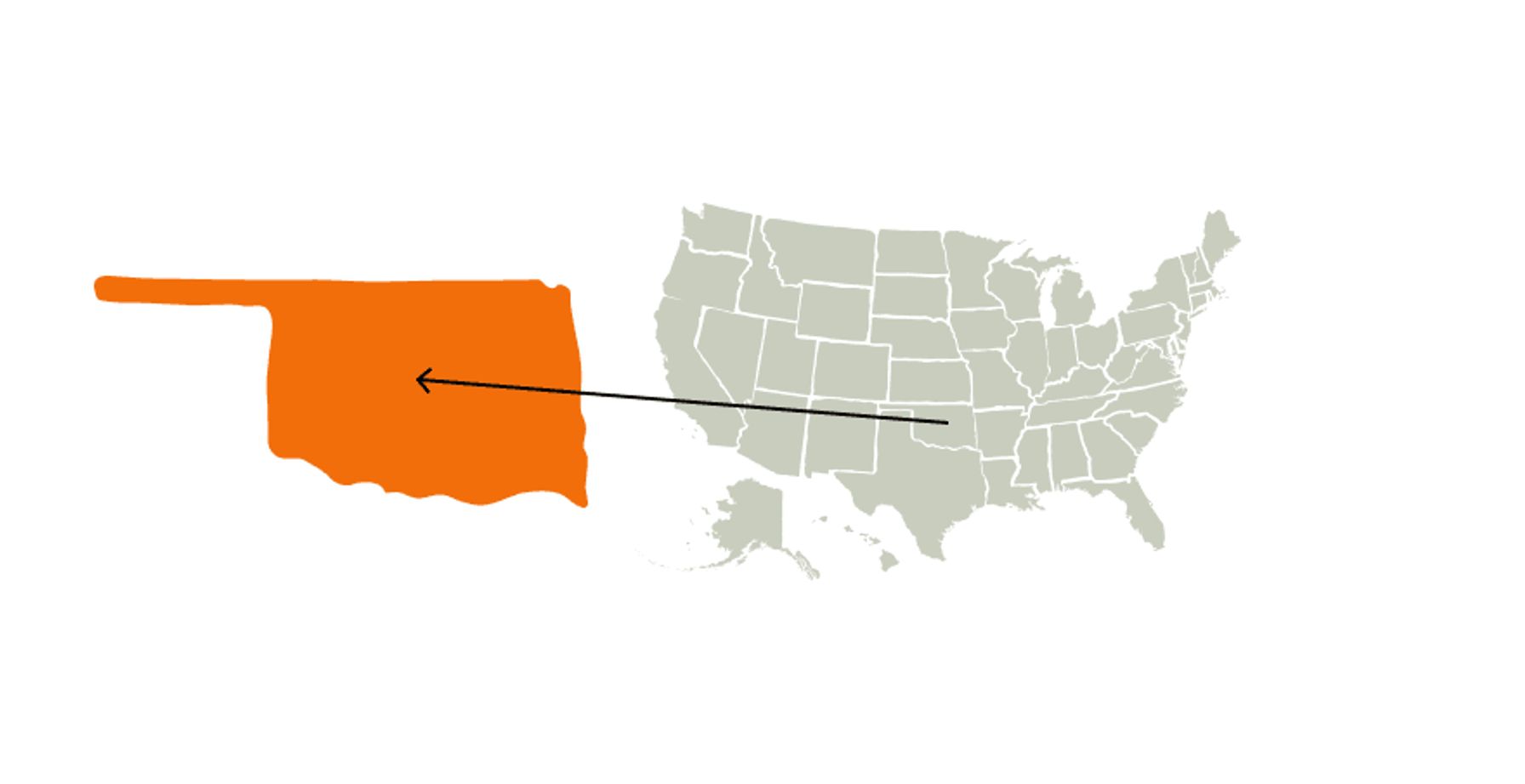 A map of the United States highlighting Oklahoma, represents Oklahoma hunting seasons.