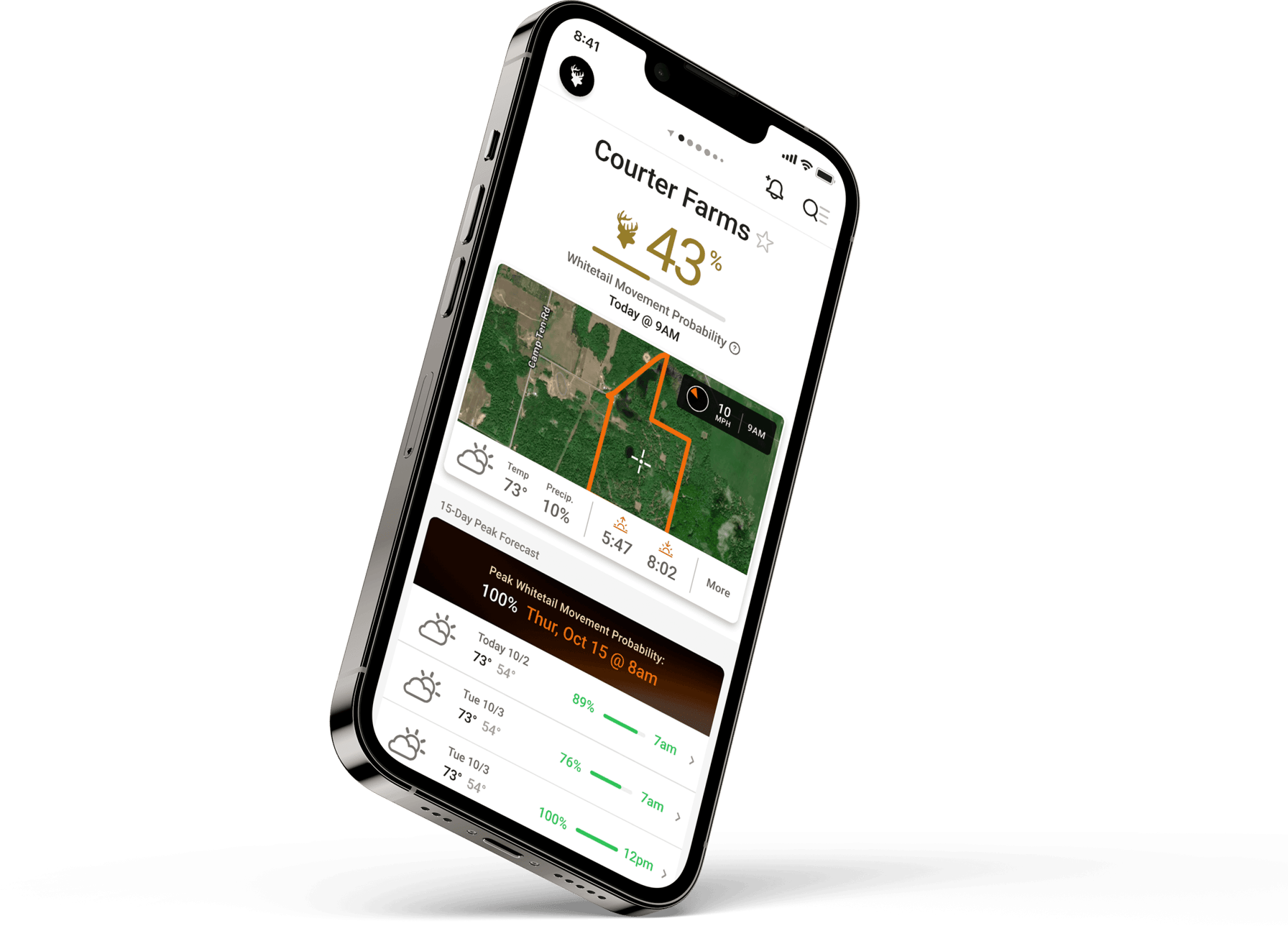 Illustration of the HuntWise hunting app on a phone screen, plan your North Dakota rifle deer hunt concept.