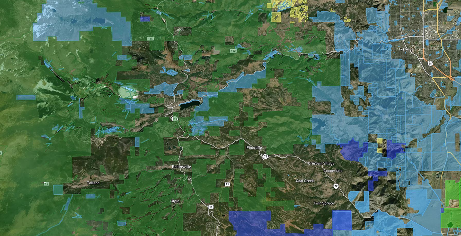 Image showing public land layer in HuntWise mapping, walk-in hunting programs concept.