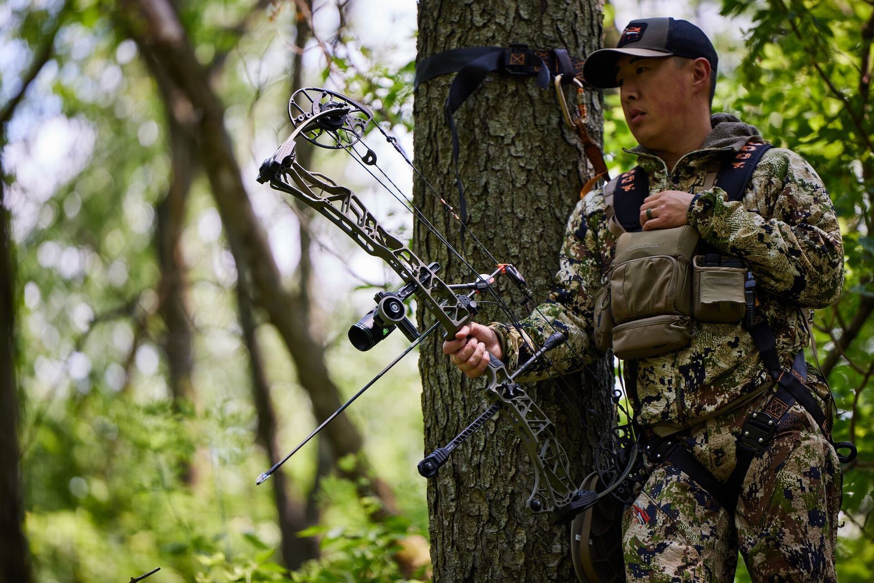 A hunter holds a compound bow while in a tree stand. 