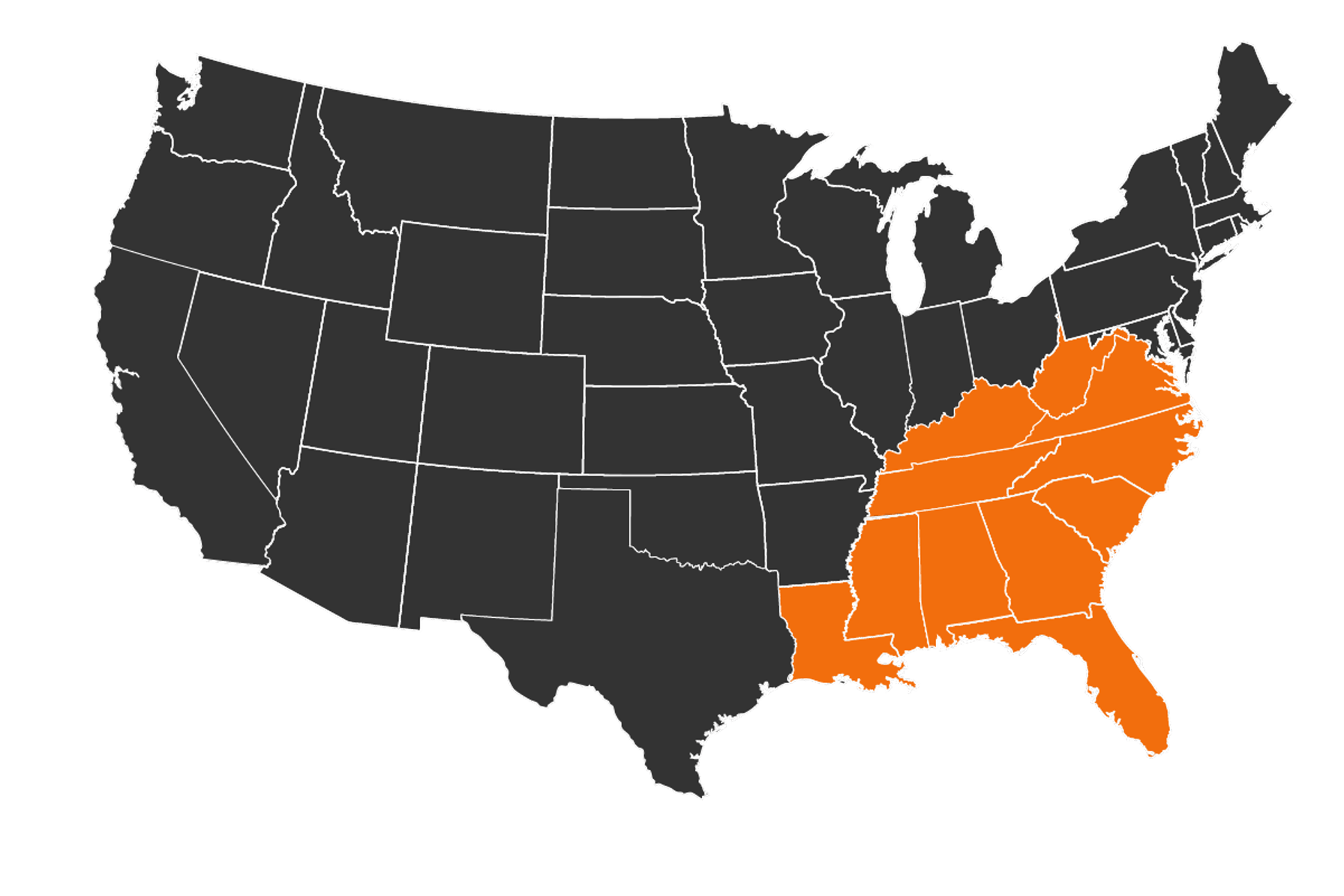 Map highlighting the Southeastern region of the US. 