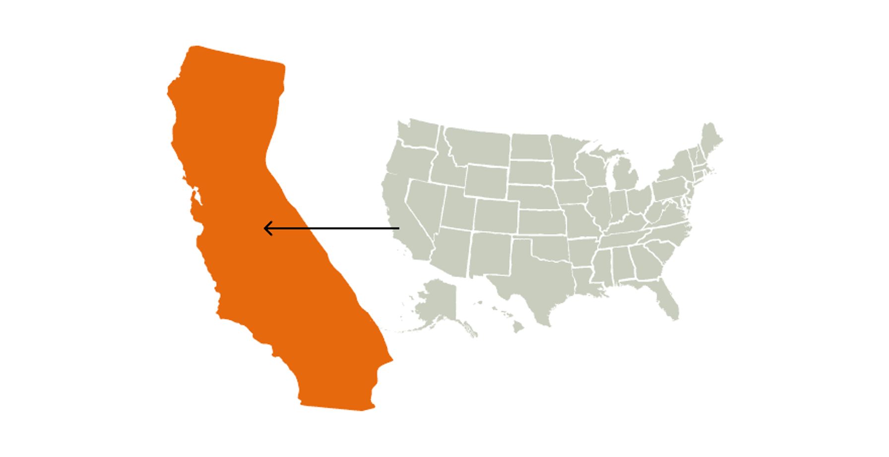 A graphic of the U.S. map highlighting California, California hunting seasons concept.