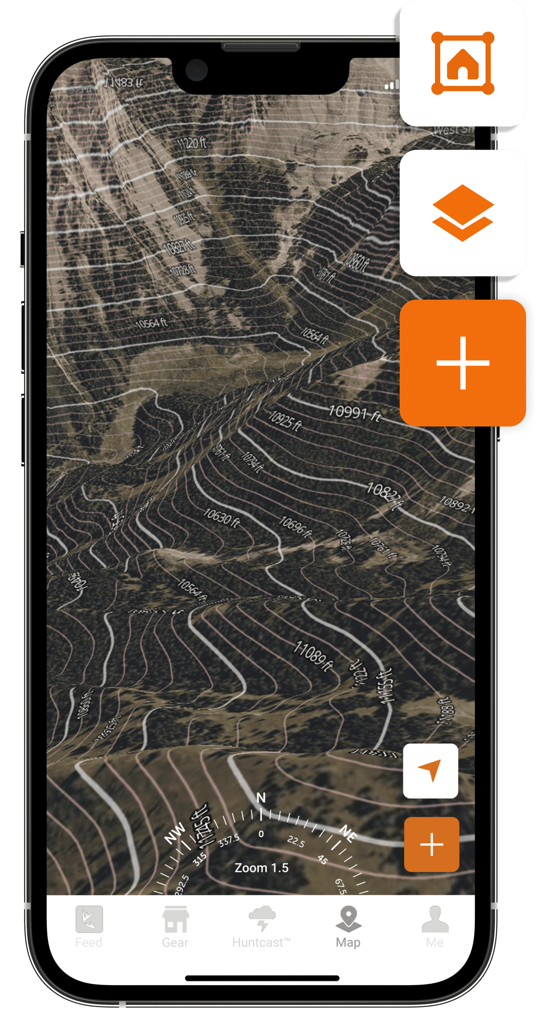 The HuntWise hunting app map layer screen.