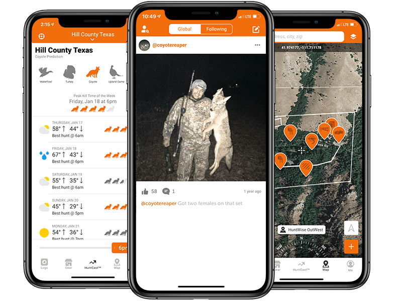 The HuntWise app showing hunting for coyote, game and nongame species concept.