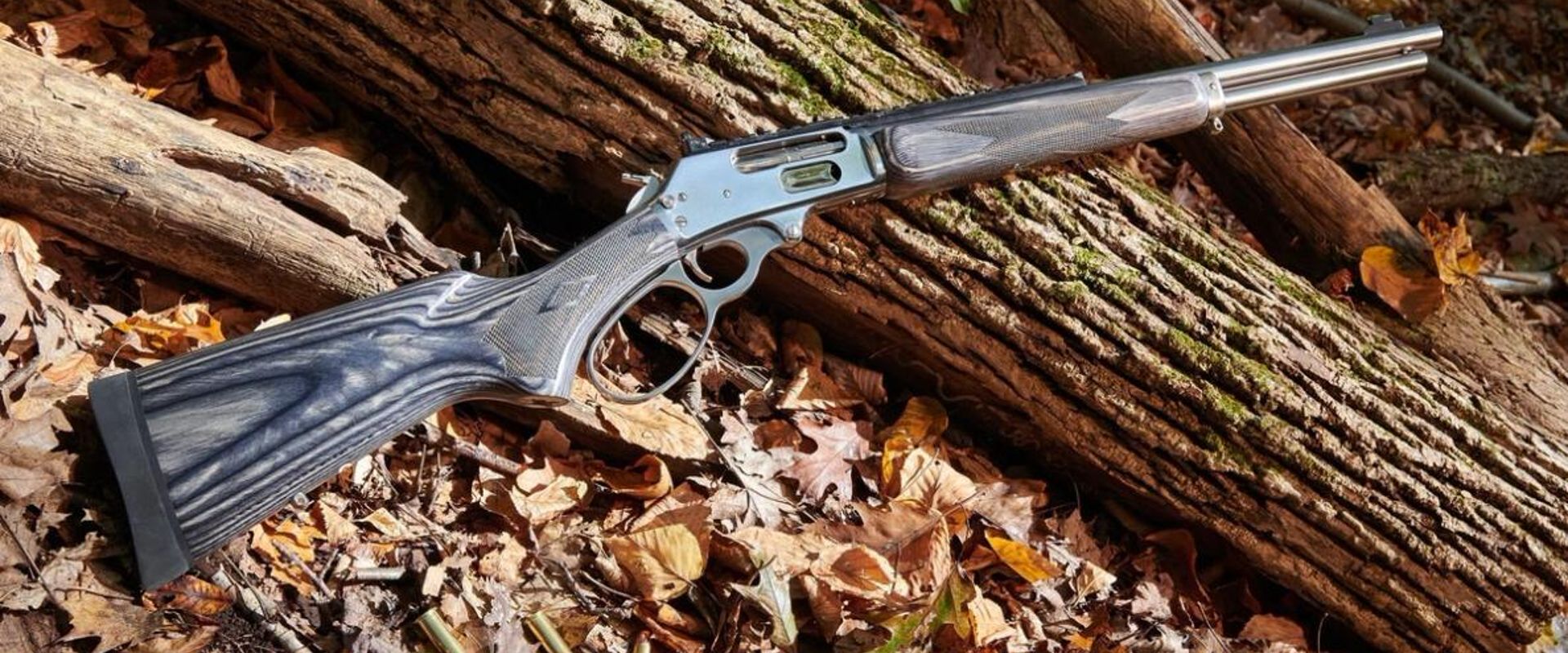 A lever-action rifle on a log, lever action vs bolt action rifles concept.