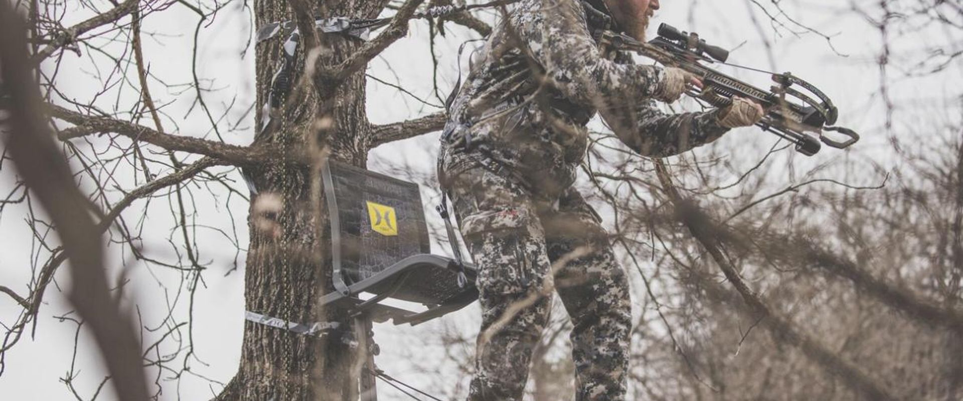A hunter in a hang-on tree stand.