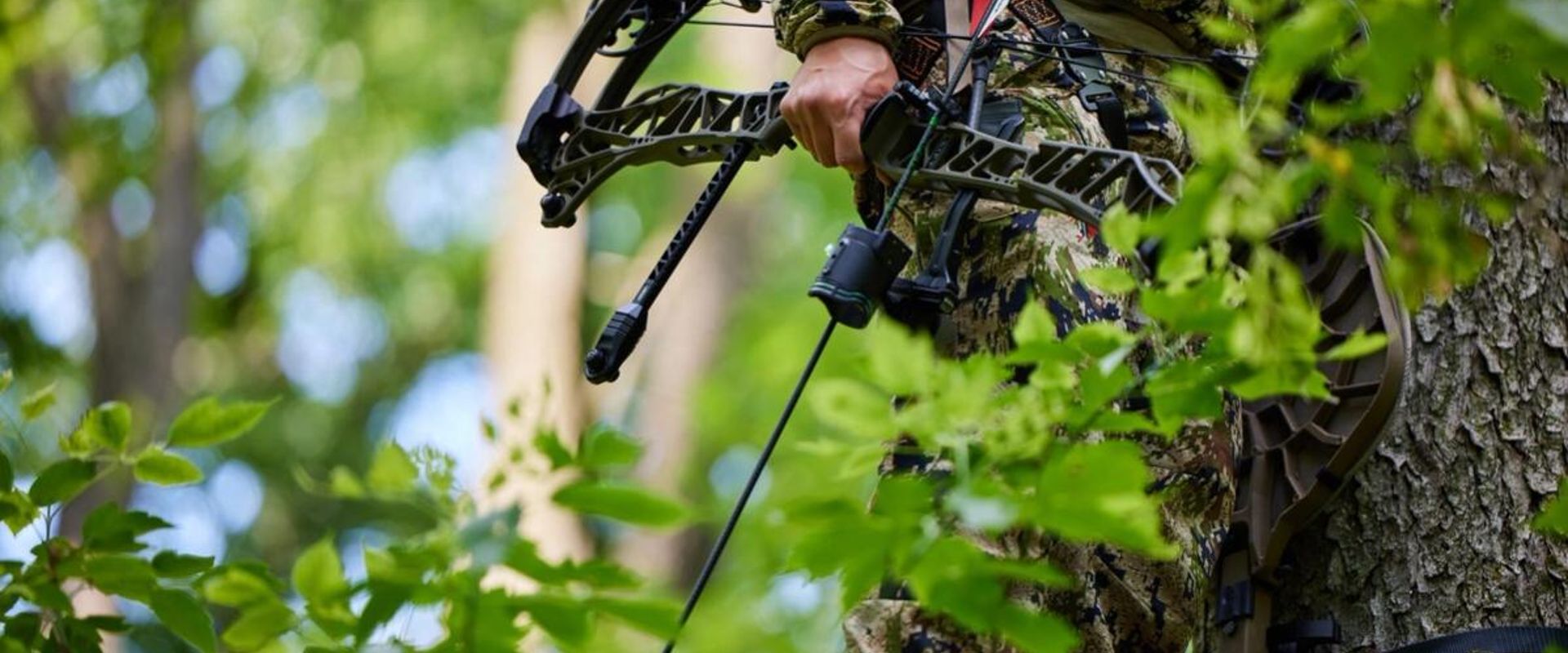 Close-up of a hunter holding a bow at his side, PA archery season concept.
