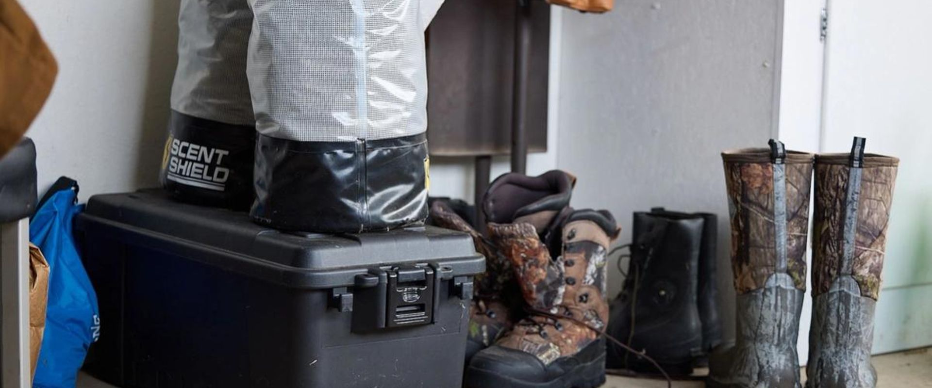 Hunting gear stored after season, post season gear care concept.