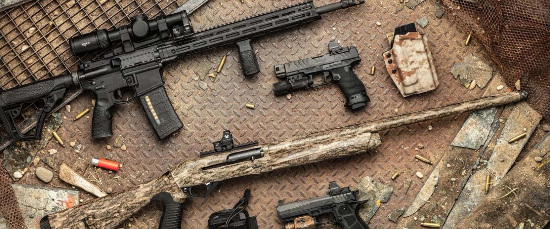 Various firearms on a table, dry fire drills concept.