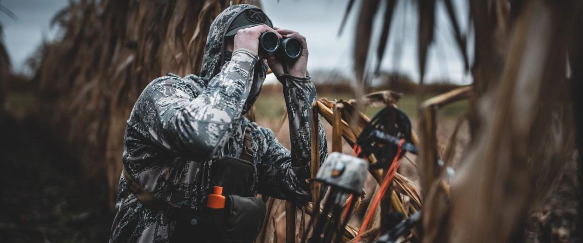 Hunters using binoculars, hunting in the wind concept.