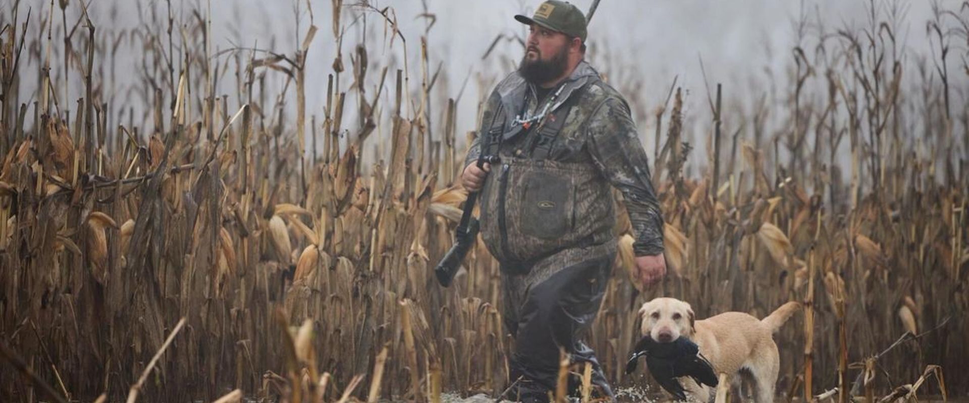 Hunter with dog carrying duck in water, find duck hunting spots concept.