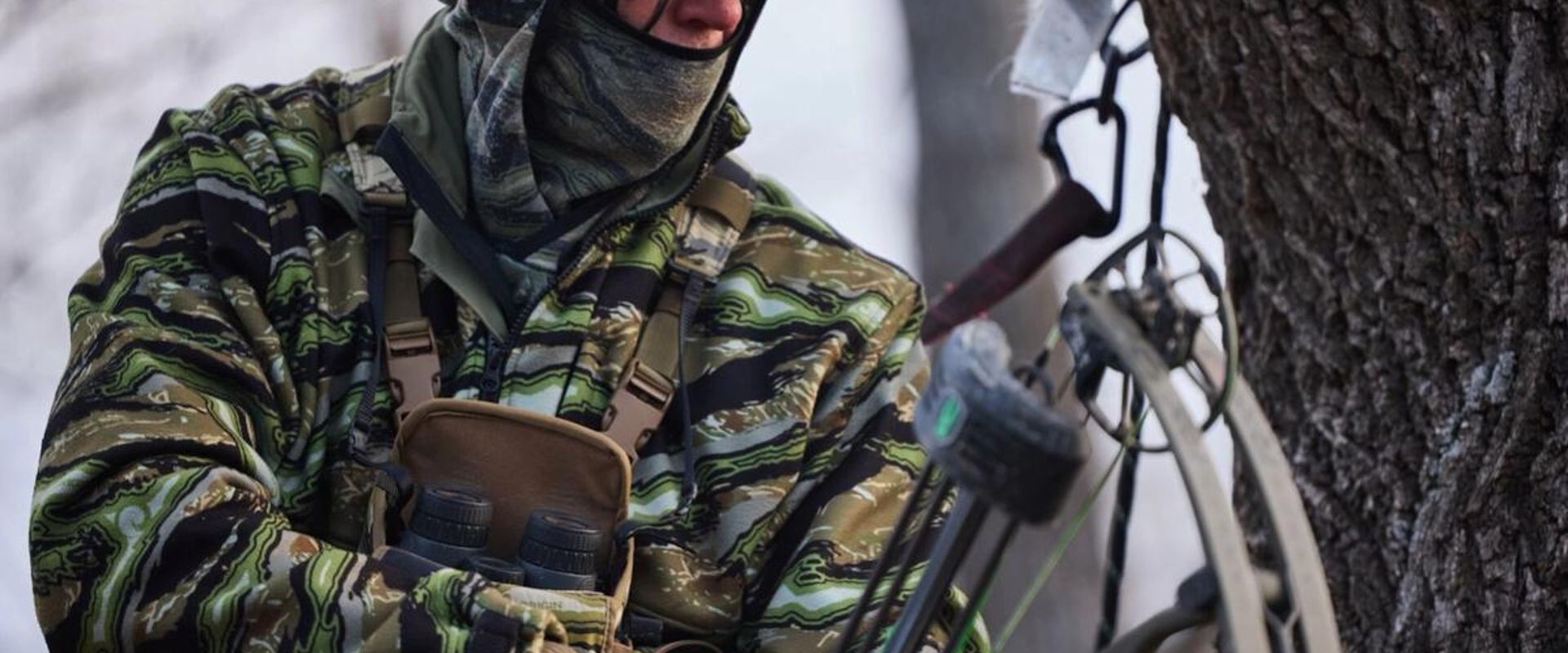 Hunter John Dudley in camo with bow near tree, bow hunting elk concept.