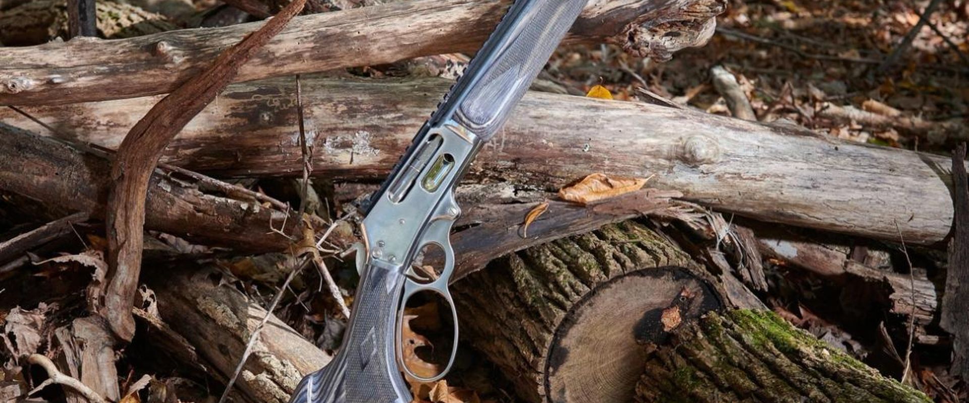 A lever action rifle sits upright against a log.
