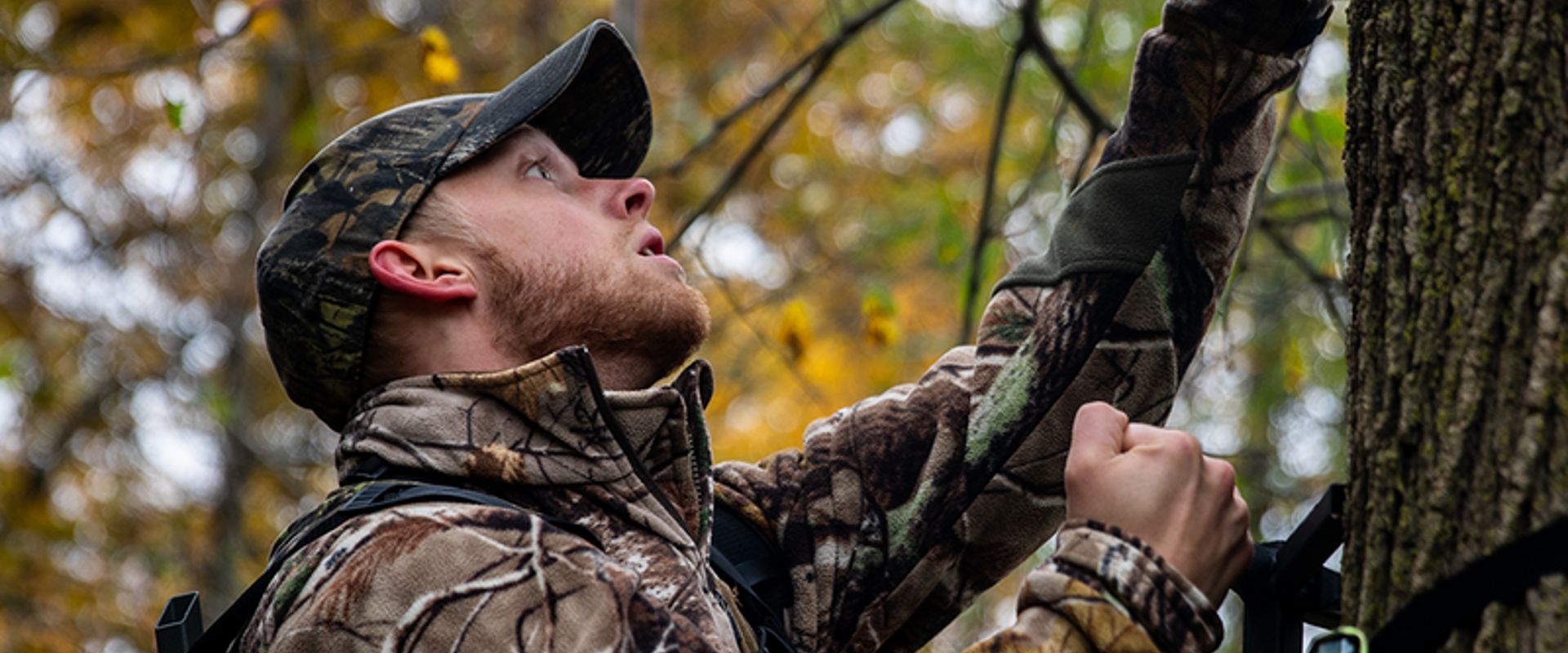 A deer hunter setting up a tree stand.