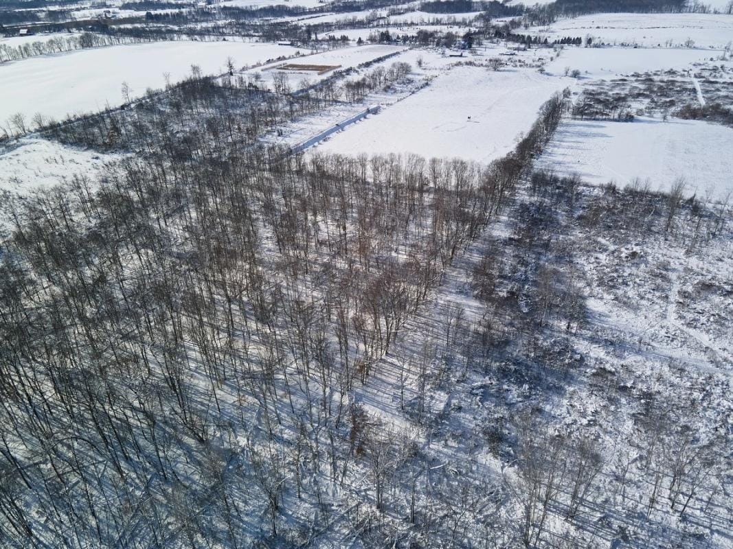 An overhead view of hunting land in the snow, January deer hunting concept.