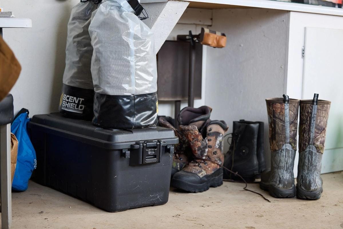 Hunting gear stored after season, post season gear care concept.