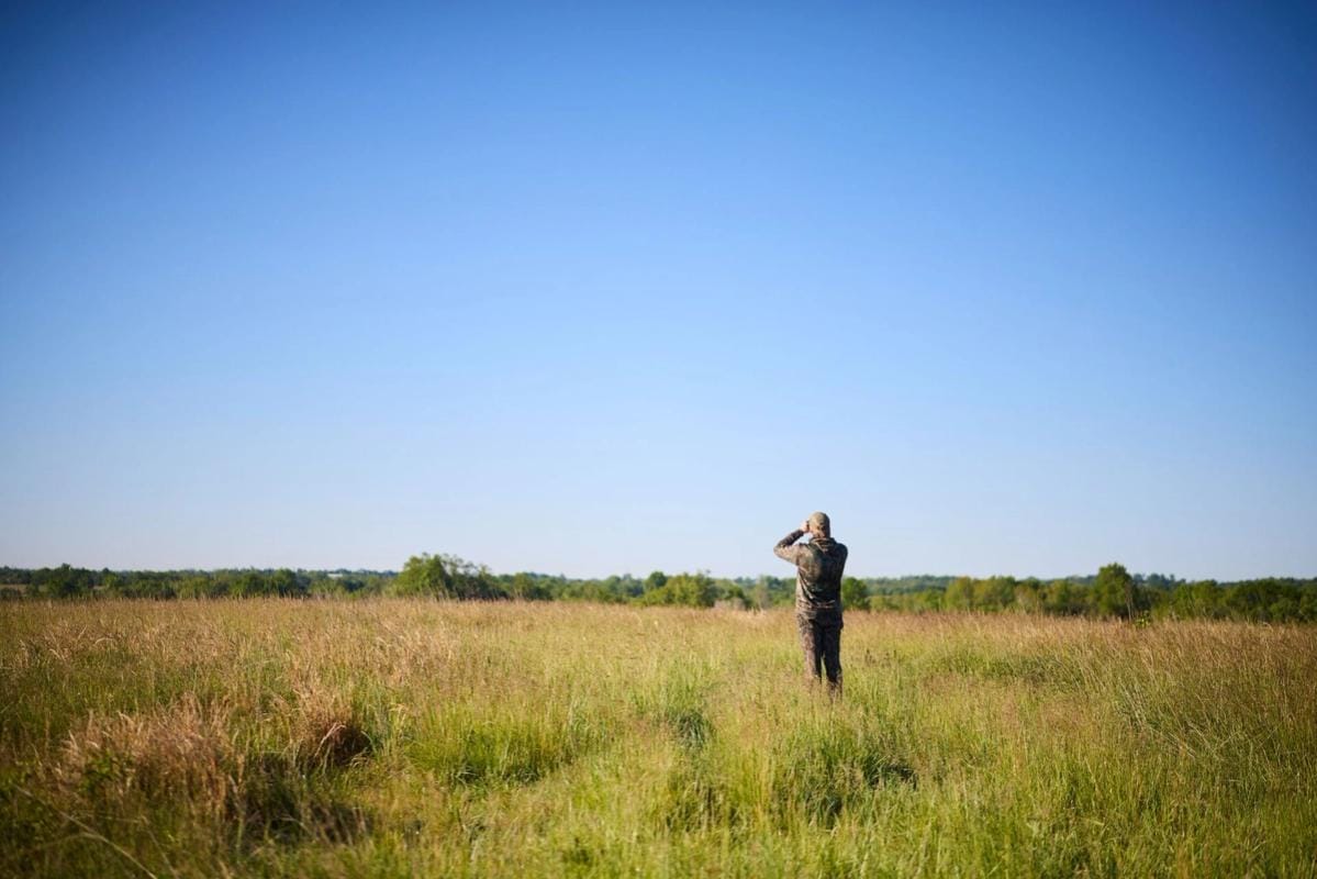 Wide view of hunter in field using binoculars, how to find public hunting land concept.