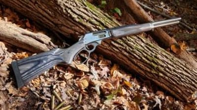 A lever-action rifle on a log, lever action vs bolt action rifles concept.