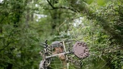 A hunter carries a tree stand, hang on treestand vs climber concept.