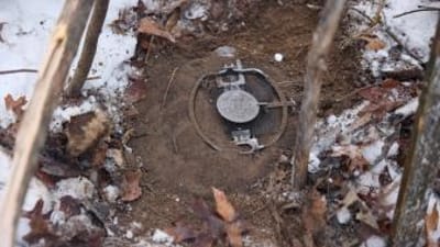 Live animal trap set in the dirt, how to start trapping concept.