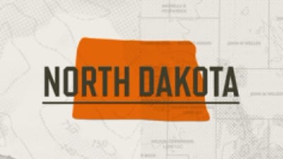 A graphic of the state of North Dakota representing North Dakota hunting seasons.