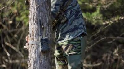 Hunter puts camera on tree, how to set up a trail camera concept.