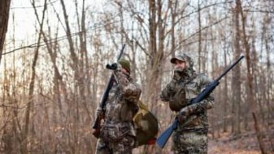 Hunters in the field looking for game, get an Arkansa hunting license concept.