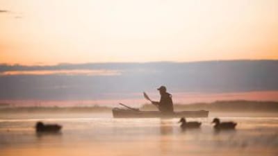 Hunter in canoe on water near waterfowl decoys, public waterfowl hunting land in Ohio concept.