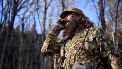 Ben Cole of RootedTV uses a turkey call, turkey calling tips and tricks concept.