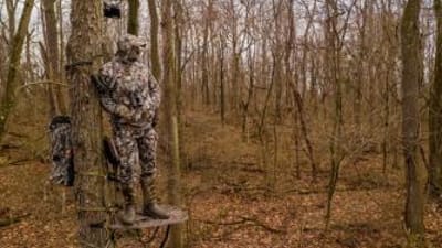A hunter in camo in a tree stand looks out into the woods.
