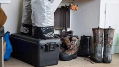 Hunting gear stored after season, post season gear care concept.