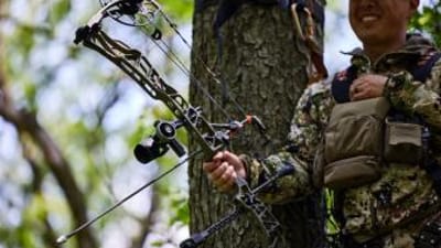 A hunter in camo in a tree stand with a bow, ready for Indiana deer season concept.