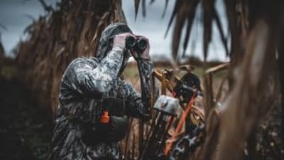 Hunters using binoculars, hunting in the wind concept.