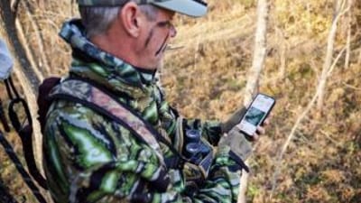 A hunter looks at a phone in the field, best wind direction app for hunting concept.