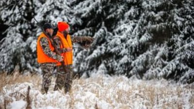 Two hunters in blaze orange look into snowy trees, late-season whitetail hunting concept.