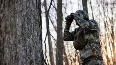 Hunter using binoculars in the woods to scout, turkey scouting concept.