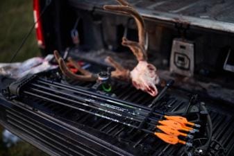 Arrows with deer skull and antlers on truck tailgate, archery season whitetail concept.