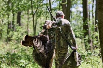 Boy carries turkey with man after hunt, turkey hunting season South Carolina concept.