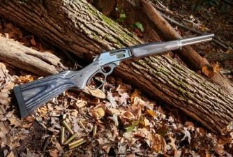 A lever-action rifle on a log, lever action vs bolt action rifles concept.