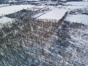 An overhead view of hunting land in the snow, January deer hunting concept.