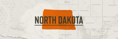 A graphic of the state of North Dakota representing North Dakota hunting seasons.