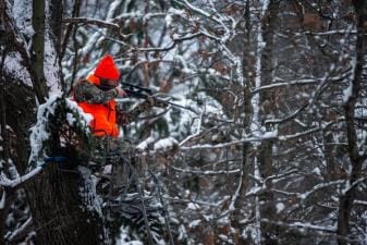 A hunter in blaze orange aims a rifle while in a tree stand, late-season whitetail hunting concept.