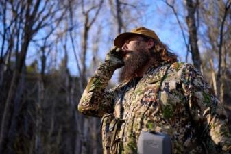 Ben Cole of RootedTV uses a turkey call, turkey calling tips and tricks concept.